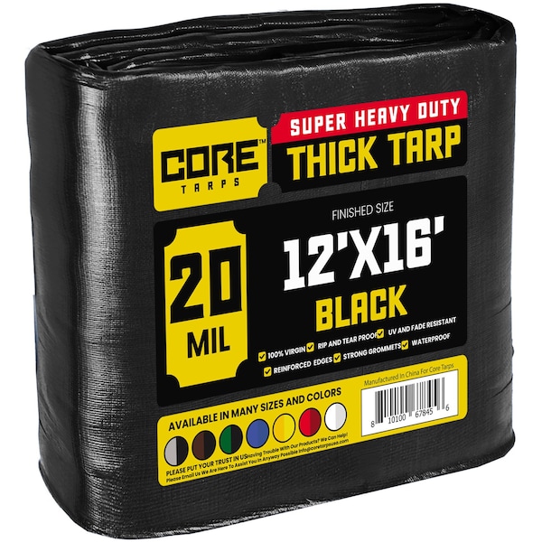 Core Tarps Heavy Duty Tarp, 12 ft x 16 ft, 20 Mil, Black, Polyethylene CT-706-12x16 - main